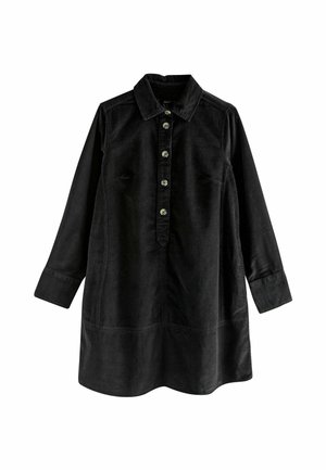 Robe noire en velours côtelé à manches longues avec col et cinq boutons sur le devant, coupe ample et large poignet à chaque manche.