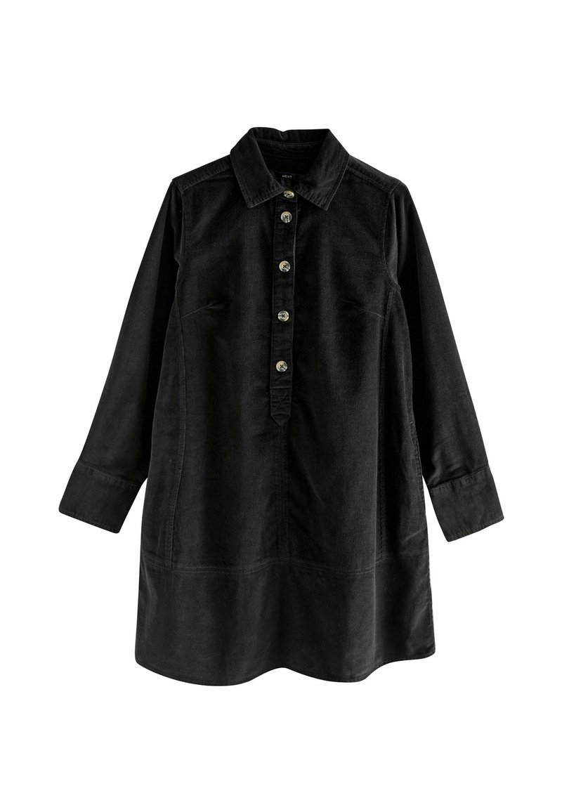 Robe noire en velours côtelé à manches longues avec col et cinq boutons sur le devant, coupe ample et large poignet à chaque manche.