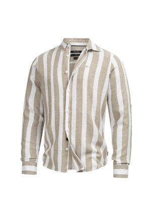 Chemise beige et blanche à rayures verticales, manches longues, boutonnée, avec col, présentée ouverte et dépliée sur fond blanc.