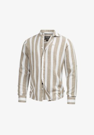 Chemise beige et blanche à rayures verticales, manches longues, boutonnée, avec col, présentée ouverte et dépliée sur fond blanc.