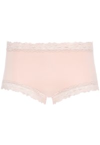 Jasnoróżowe bokserki wykonane z miękkiego materiału, z koronkowym wykończeniem na górnej i dolnej krawędzi oraz falbankowym detalem.