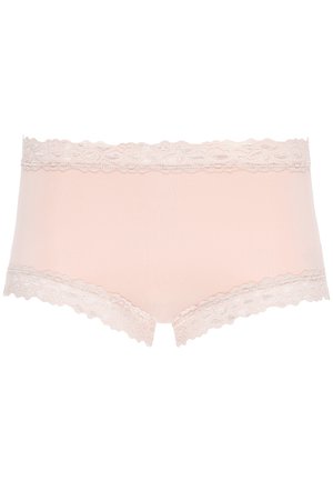 Boxers de color rosa claro, hechos de material suave, con encaje en los bordes superior e inferior, y un detalle en forma de ondas.