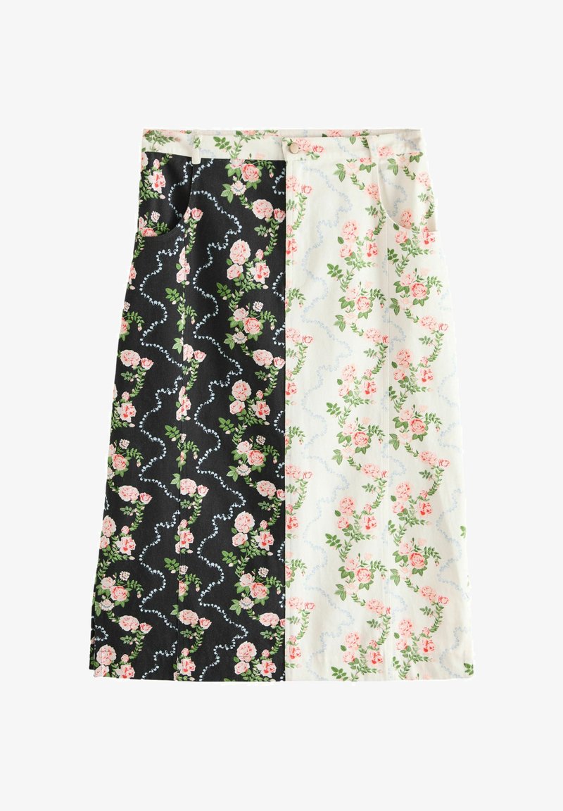 Ziedu raksta midi svārki ar šķelšanās dizainu, kurai ir melna un balta puse, abas dekorētas ar ziediem un lapām.