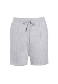 Pantalones cortos de color gris claro con cintura ajustable, bolsillos laterales y una tela suave y texturizada. Diseño simple sin patrones o acentos visibles.