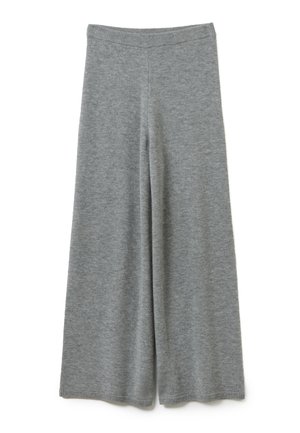 Pantalons en maille larges gris avec taille élastique, ourlet droit et texture douce, posés à plat sur un fond blanc.