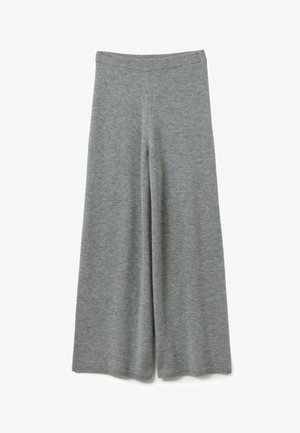 Pantalons en maille larges gris avec taille élastique, ourlet droit et texture douce, posés à plat sur un fond blanc.