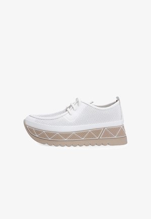 White mesh lace-up shoe with thick beige sole featuring geometric diamond pattern and wavy tread for casual wear.