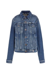 Blauwe spijkerjacket met een klassiek ontwerp, twee voorzakken, knoopsluitingen en een licht vervaagde textuur met contrasterende stikaccenten.