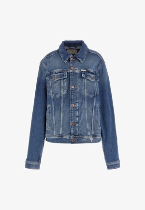 Blauwe spijkerjacket met een klassiek ontwerp, twee voorzakken, knoopsluitingen en een licht vervaagde textuur met contrasterende stikaccenten.