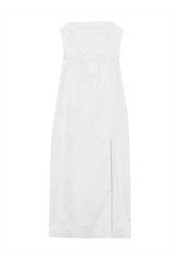 Vestito bianco senza maniche con un corpino aderente, silhouette dritta e spacco laterale. Realizzato in tessuto liscio con dettagli di design minimi.