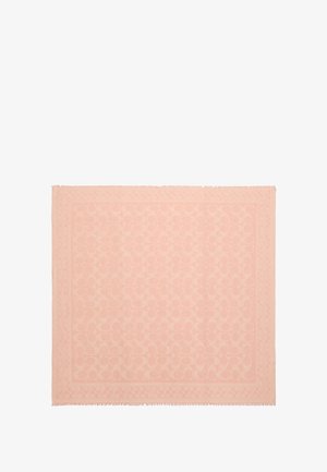 Bufanda suave y de color rosa claro con un patrón circular repetido, bordeada con un delicado fleco. Textura lisa con un brillo sutil.