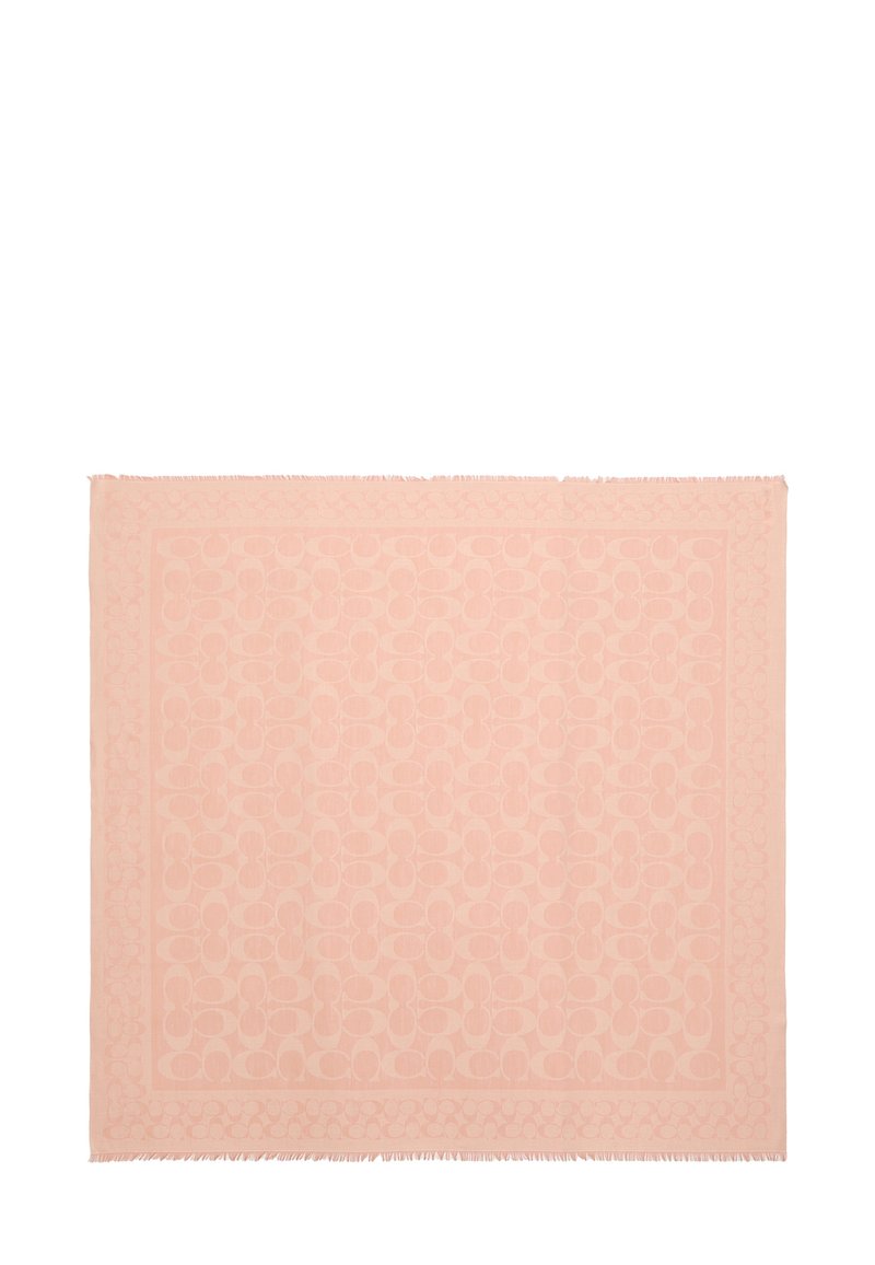 Écharpe douce rose pâle avec un motif circulaire répété, bordée d'une fine frange. Texture lisse avec un léger éclat subtil.