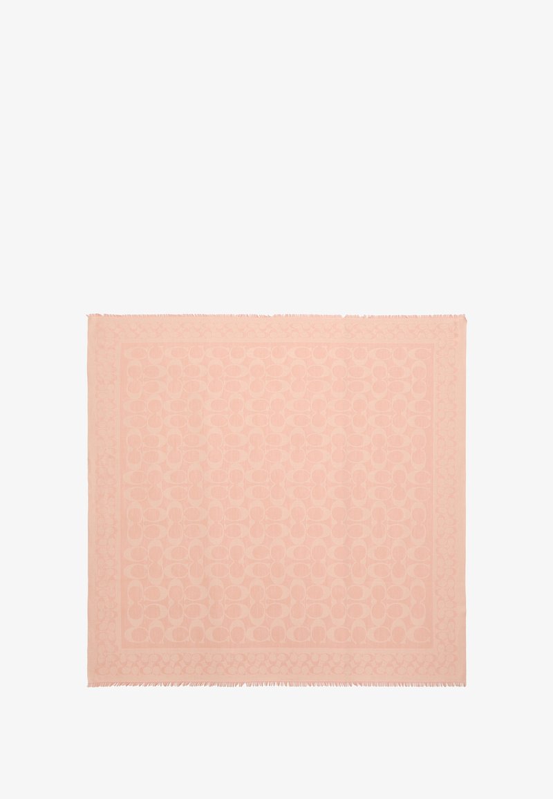 Blød, lyserød tørklæde med et gentaget cirkulært mønster, kantet med en delikat frynse. Glat tekstur med en subtil glans.