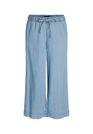 Šviesiai mėlynos plačios džinsinės kelnės su elastinga liemene ir priekiu surišama virve, be matomų kišenių, kasdienio stiliaus.