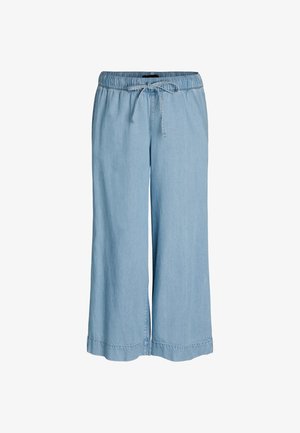 Pantaloni di jeans a gamba larga azzurri chiaro con elastico in vita e coulisse frontale, senza tasche visibili, stile casual.