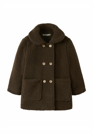 Manteau en laine texturé brun foncé avec large col, double rangée de boutons, manches longues et deux grandes poches avant.