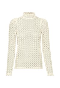 Krämfärgad långärmad topp med ett strukturerat spetsmönster, hög krage och volanger vid ärmsluten. Lätt och figurnära design.