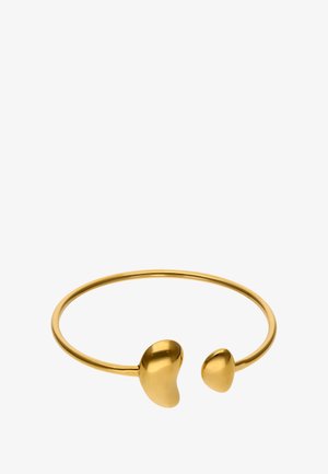 Zlatý kovový náramek s hladkým, lesklým povrchem. Obsahuje dva ledvinové akcenty na každém konci, což vytváří minimalistický design.