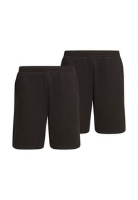 Deux paires de shorts noirs unis avec taille élastique, montrés de face et de dos sur fond blanc.