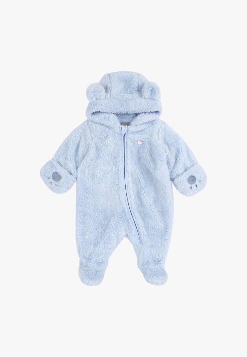 Grenouillère bébé en polaire douce bleu clair avec capuche ornée d’oreilles d’ours, fermeture éclair frontale et empreintes de pattes sur les poignets et pieds rabattables.