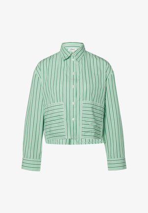 Hellgrünes Hemd zum Knöpfen mit vertikalen, dunklergrünen und weißen Streifen, zwei großen aufgesetzten Taschen vorne mit horizontalen Streifen und langen Ärmeln.