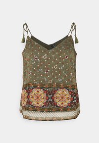 Olivgröna blommiga linne med justerbara axelband, som har en färgglad mönstrad fåll och meshdekoration nertill.