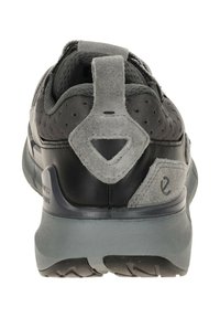 Men's athletic shoe, dark gray fabric upper, black synthetic heel, gray rubber sole, padded collar, and looped heel tab for easy wearing.