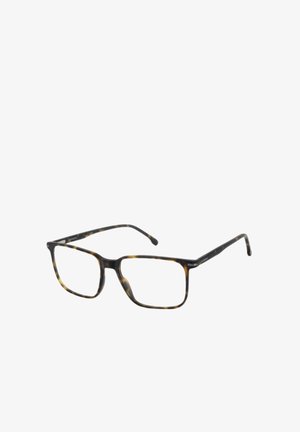 Montatura rettangolare per occhiali con motivo tartarugato, aste sottili e naselli, mostrata su sfondo bianco.