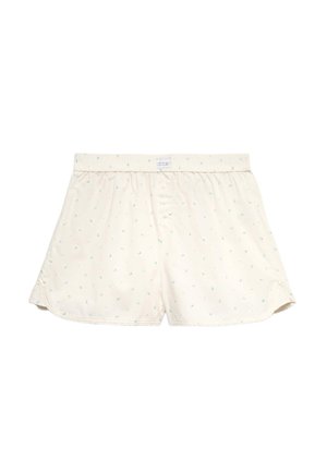 Lichtbeige katoenen herenboxers met elastische tailleband, twee knopen aan de voorkant en kleine verspreide blauwe en groene patronen.