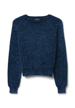 Dunkelblaues Strickpullover mit strukturierter Oberfläche, Rundhalsausschnitt und gerippten Bündchen. Mit langen Ärmeln und verkürztem Saum.