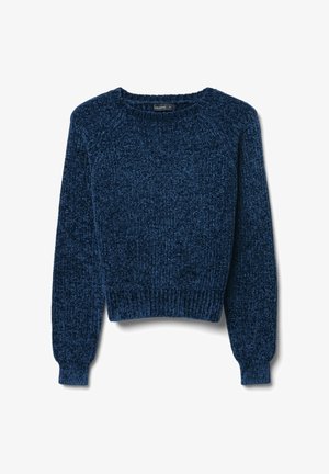 Maglione lavorato a maglia blu navy con finitura testurizzata, collo a giro, e polsini a coste. Presenta maniche lunghe e orlo corto.