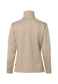 Giacca beige a maniche lunghe con colletto alto, caratterizzata da un motivo esagonale testurizzato e tasche laterali. Mostrata da dietro.