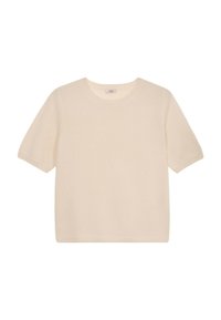 Creme-kleurig gebreid T-shirt met korte mouwen en een ronde hals. Zachte textuur en relaxte pasvorm. Subtiel merkembleem binnen in de kraag.
