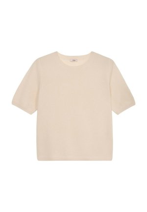 Creme-kleurig gebreid T-shirt met korte mouwen en een ronde hals. Zachte textuur en relaxte pasvorm. Subtiel merkembleem binnen in de kraag.