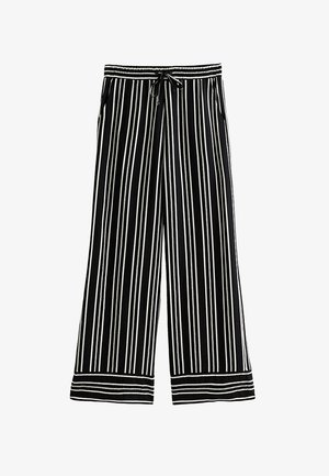 Pantalon noir à jambes larges avec des rayures blanches verticales, taille élastique et cordon de serrage devant, avec un détail à rayures horizontales aux ourlets.