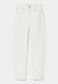 Valkoiset denim-farkut, joissa on suora lahje, viisi taskua, edessä nappikiinnitys ja hienovaraiset tikkaus yksityiskohdat.