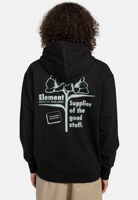 Black hoodie with a large graphic on the back. Features light blue text and illustrations, including “Element Skate Co. Worldwide” and “Supplier of the good stuff.”