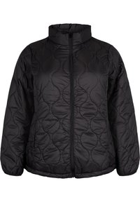Giacca nera trapuntata con colletto alto, dotata di chiusura con zip e un motivo ondulato testurizzato. Realizzata in materiale sintetico leggero.