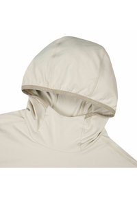 Beige letvægtsjakke med hætte, synlige sømme og høj krave, vist fladt mod en hvid baggrund.