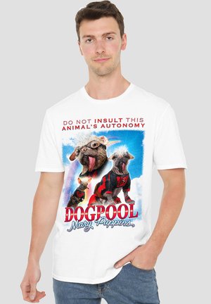 White cotton t-shirt featuring a colorful graphic of dogs in costumes with text "DO NOT INSULT THIS ANIMAL'S AUTONOMY DOGPOOL Mary Poppins."
