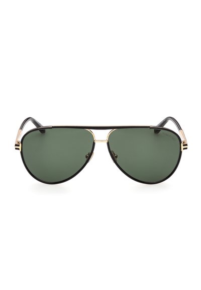 Lunettes de soleil aviateur noires et dorées avec des verres vert foncé, un pont fin et des branches courbées sur fond blanc.