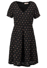 Robe noire avec un décolleté en V et des manches courtes, ornée d'un motif floral orange et crème. Silhouette en A et fermeture éclair au dos.