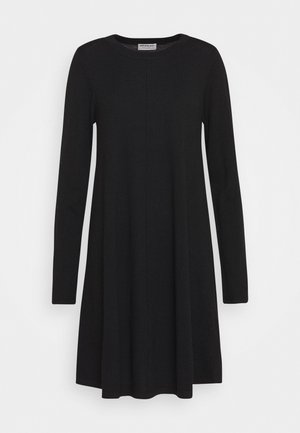 Black, long-sleeve dress with a round neckline. Made of knit fabric, featuring a loose fit and straight hem. Simple and unadorned design.