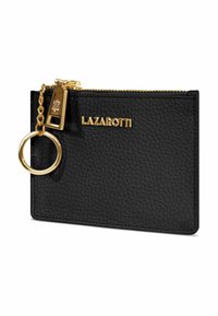 Portafoglio in pelle nera con finitura testurizzata, tirante della zip in oro e attacco per chiavi. Presenta il logo "LAZAROTTI" impresso.
