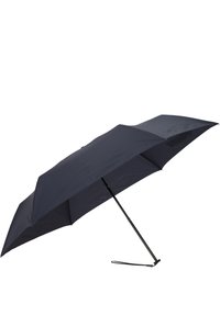 Navy blue folding umbrella with a sturdy black metal frame, curved handle, and a protective strap. The canopy is smooth and water-resistant.