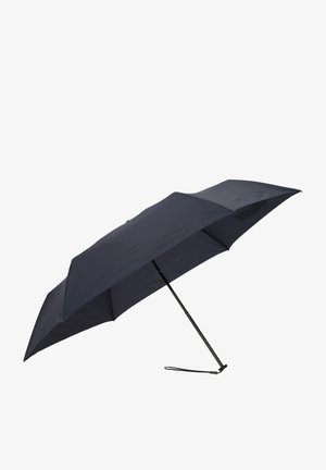 Navy blue folding umbrella with a sturdy black metal frame, curved handle, and a protective strap. The canopy is smooth and water-resistant.
