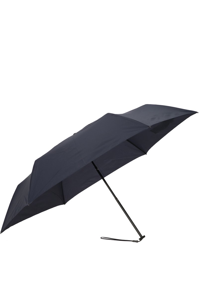 Navy blue folding umbrella with a sturdy black metal frame, curved handle, and a protective strap. The canopy is smooth and water-resistant.
