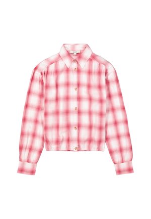 Chemise à carreaux rose et blanche, avec col, manches longues et une coupe courte ornée de boutons marron. Tissu léger et texturé.