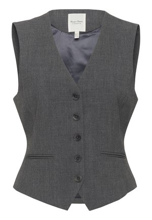 Grijze mouwloze vest met een V-hals, zes zwarte knopen, twee voorzakken en een gladde binnenvoering. Gemaakt van gestructureerde stof.