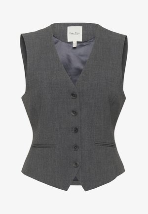 Gilet grigio senza maniche con collo a V, sei bottoni neri, due tasche frontali e una fodera interna liscia. Realizzato in tessuto testurizzato.